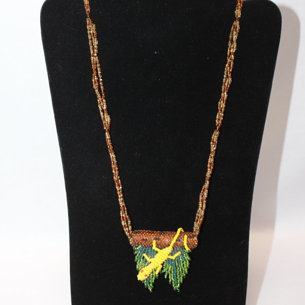 Yellow Lizard Hanging from Log and Leaves Beaded 30" Necklace